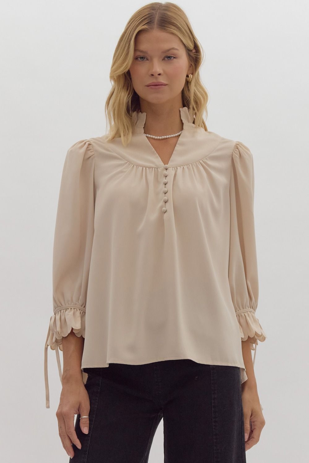Scallop Hem Ecru Blouse