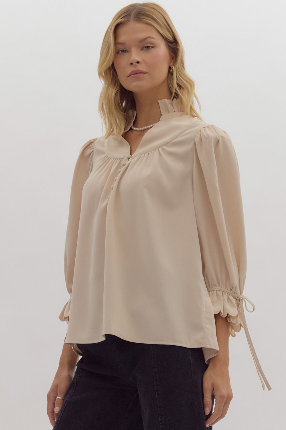 Scallop Hem Ecru Blouse