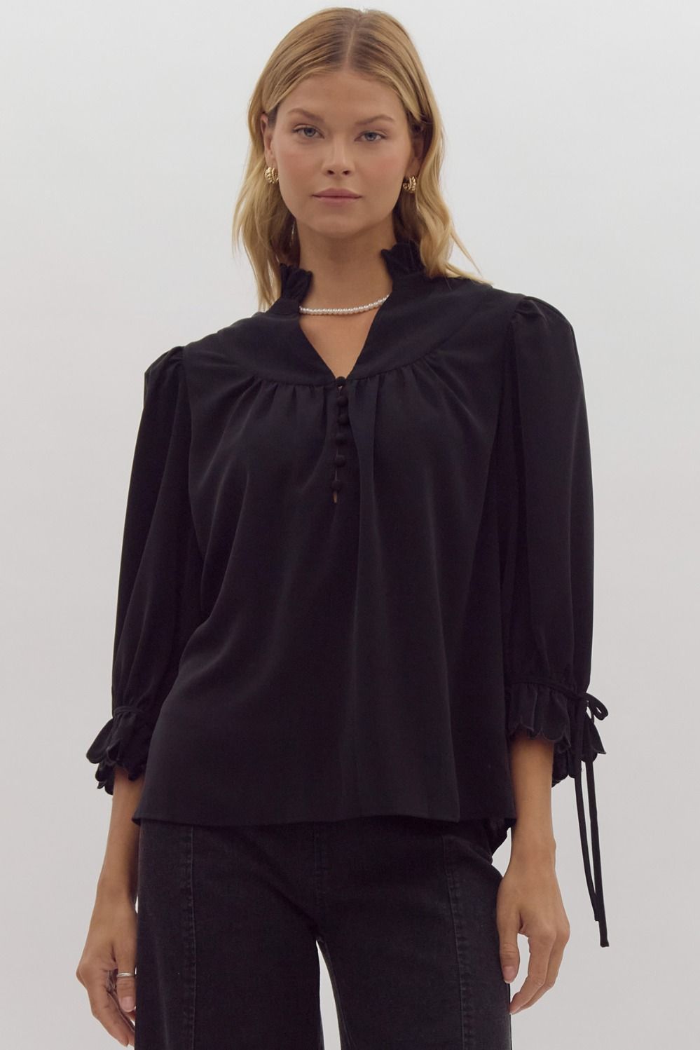 Scallop Hem Black Blouse