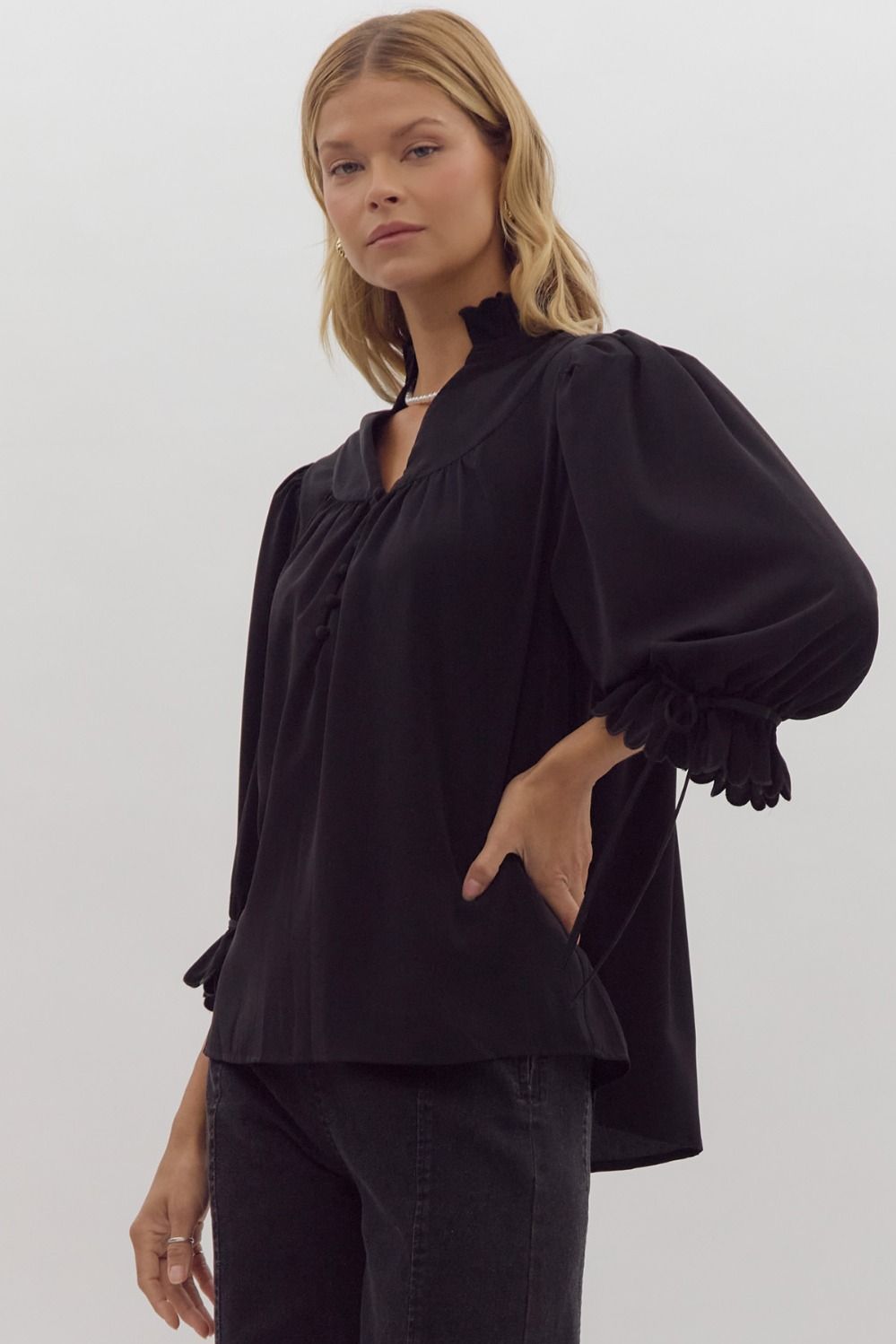Scallop Hem Black Blouse