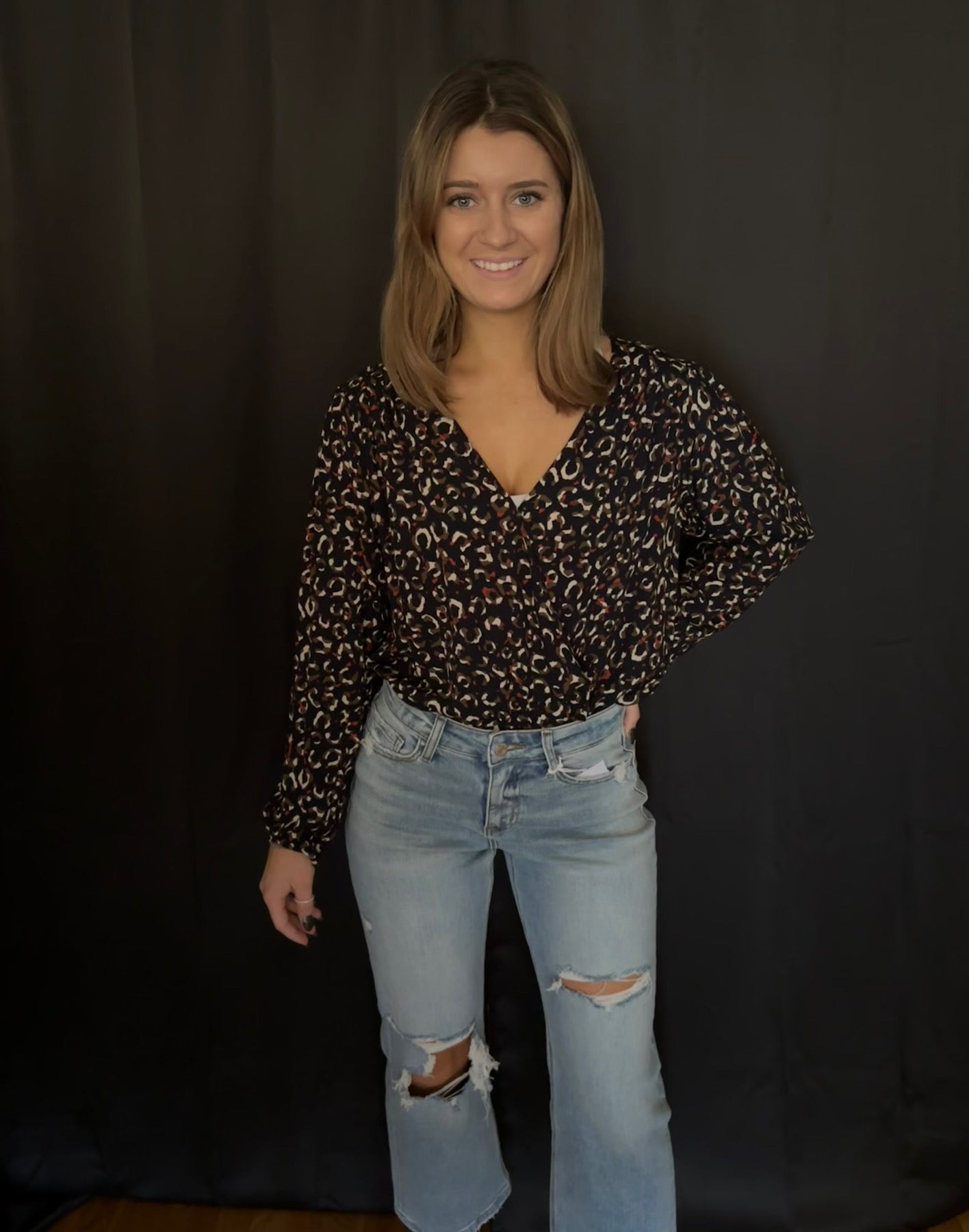 Surplice V-Neck Print Bodysuit - Navy