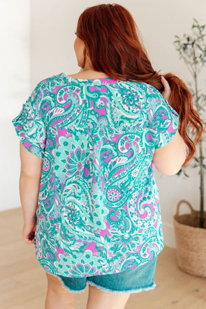 Lizzy Cap Sleeve Top in Magenta and Teal Paisley