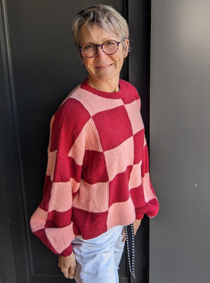 *FINAL SALE* Pink Red Oversized Checkered Sweater