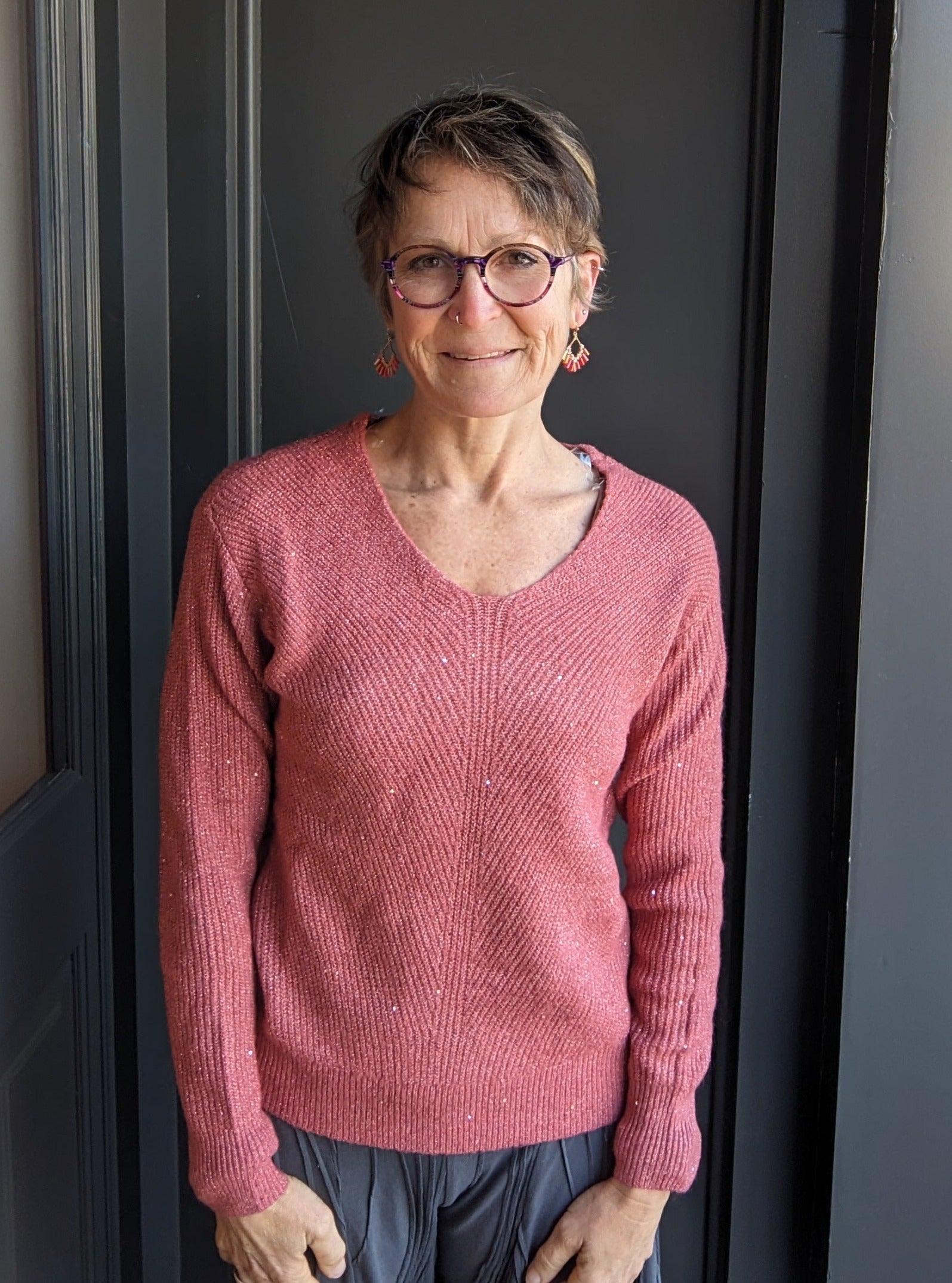 Rose Metallic Ribbed Sweater