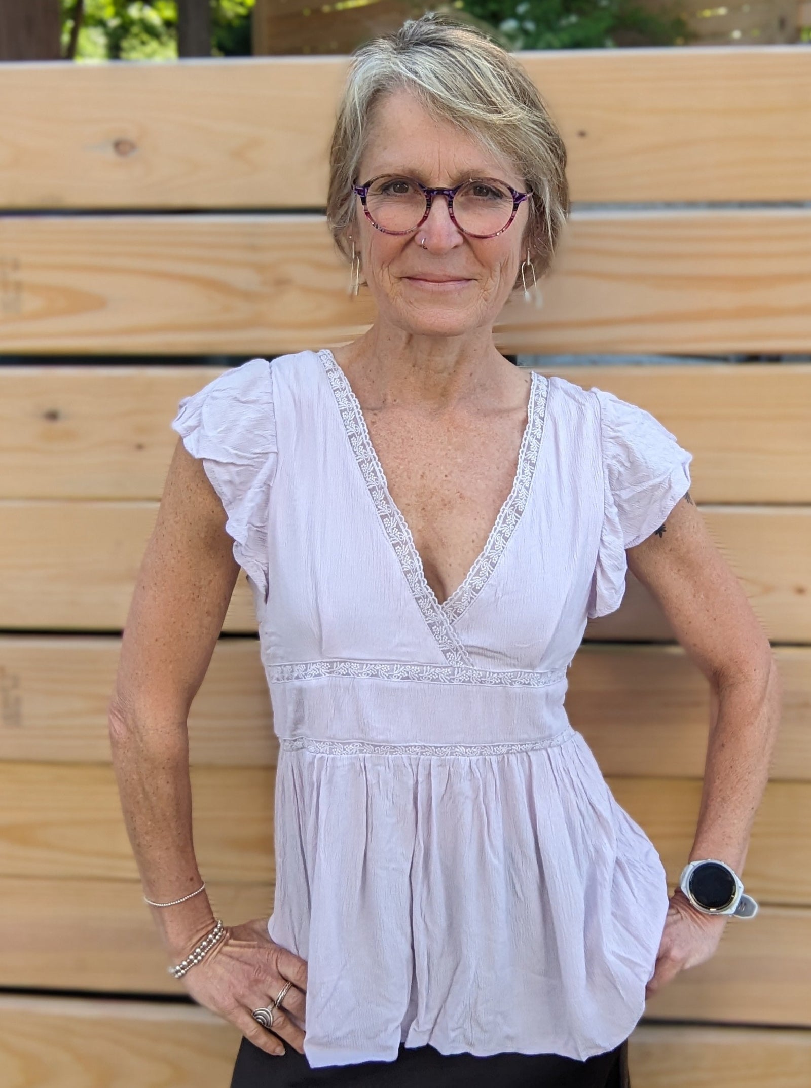 *FINAL SALE* Lace Accent Pale Lilac V Neck Blouse