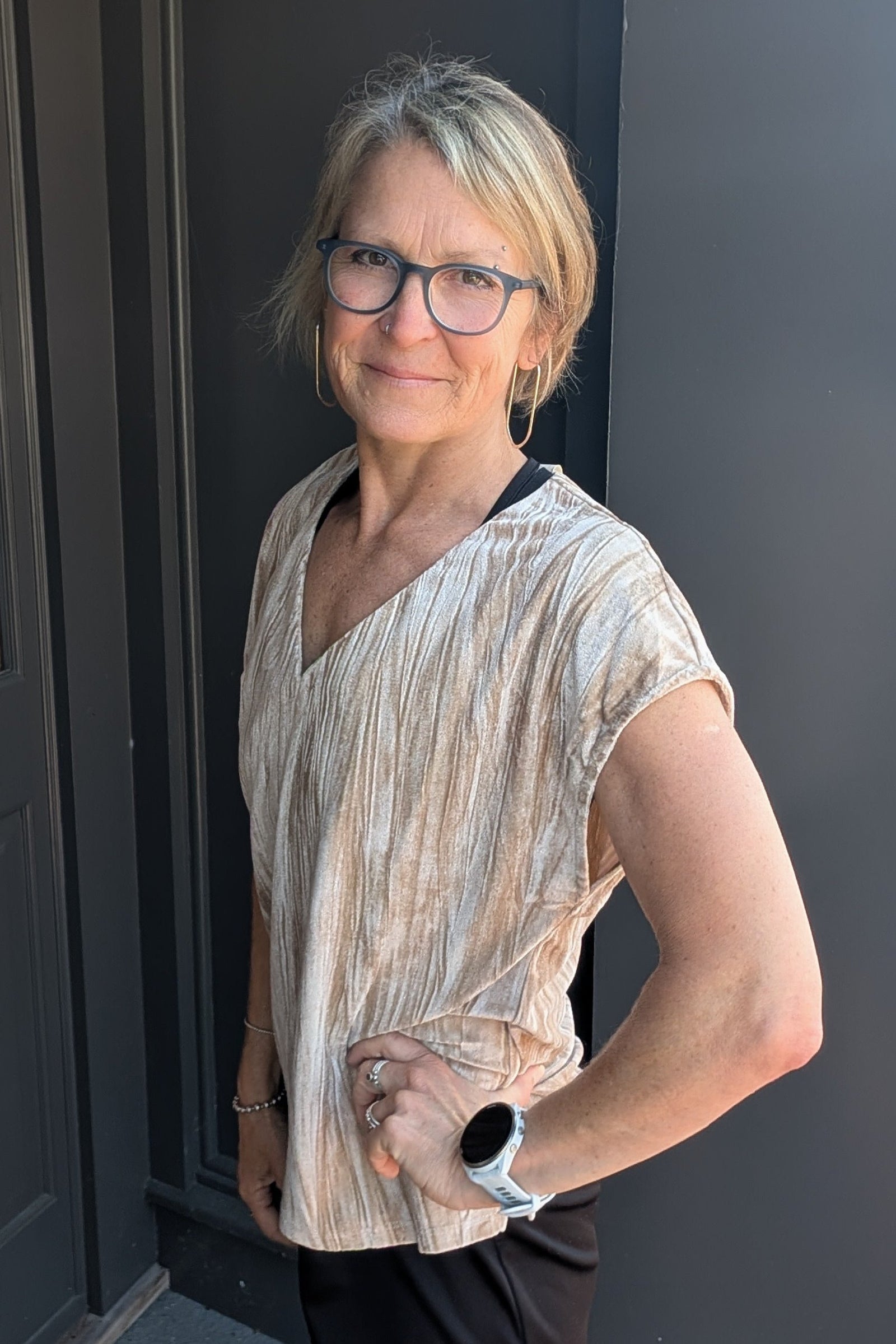 *FINAL SALE* Sand Velvet Cupro V-Neck Top