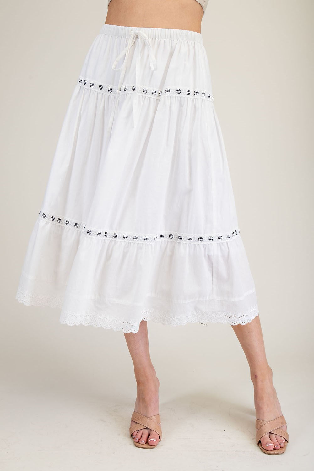 White Tiered Lace Trim Midi Skirt