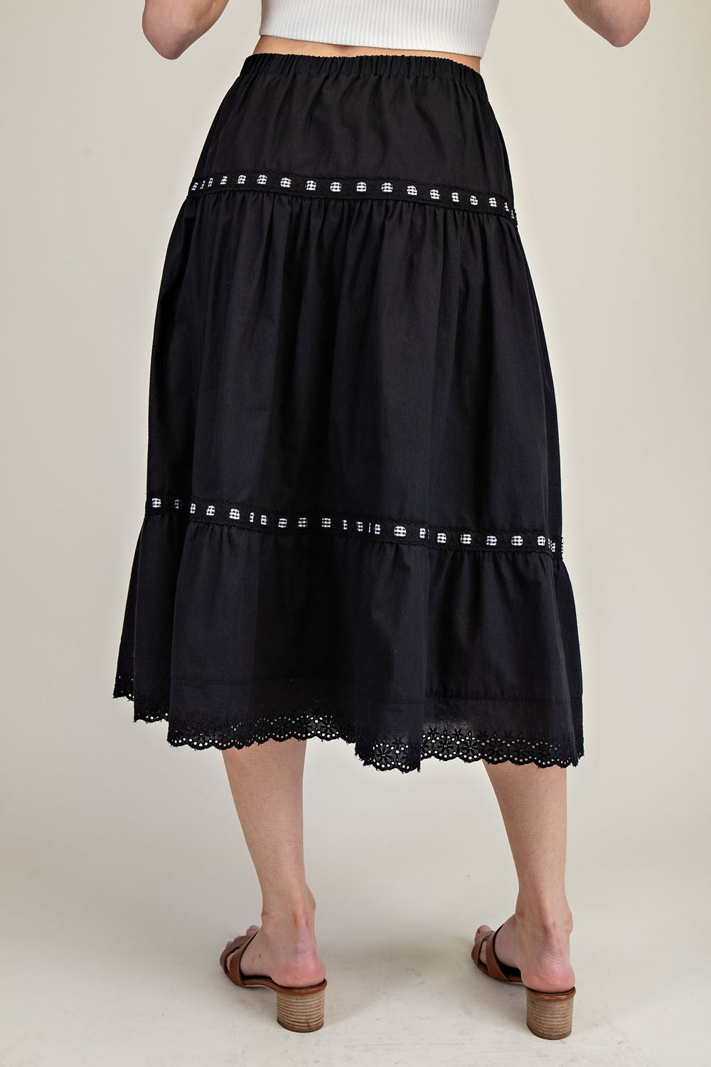 Black Tiered Lace Trim Midi Skirt