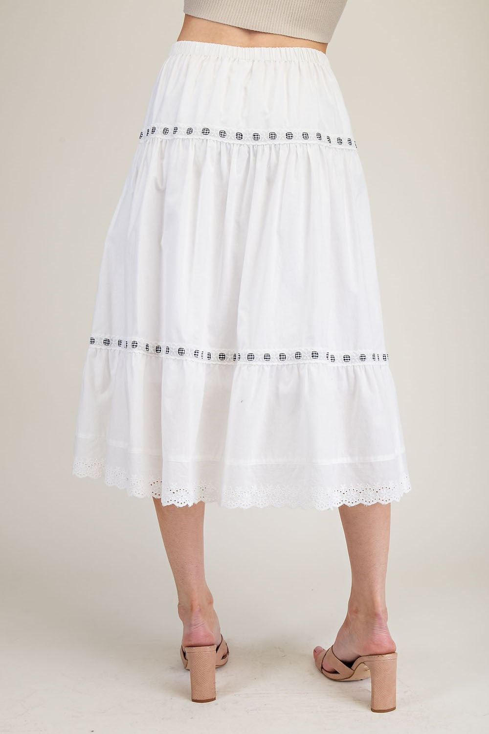 White Tiered Lace Trim Midi Skirt