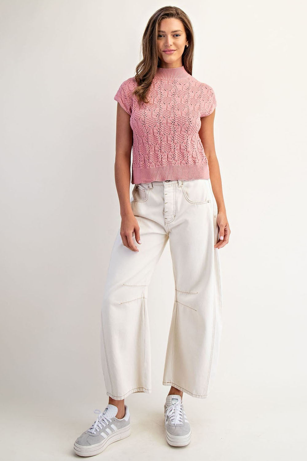 Rose Pink Cable Knit Mock Neck Sweater