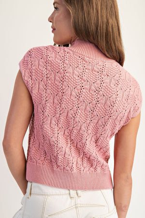 Rose Pink Cable Knit Mock Neck Sweater