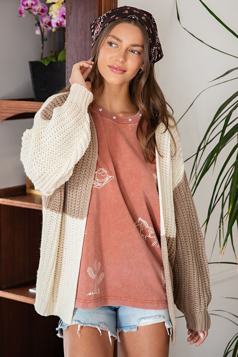 Color Block Long Sleeve Open Cardigan