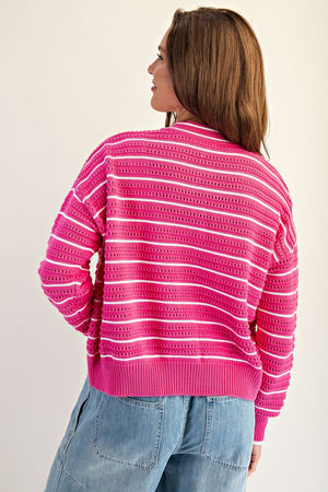 Sugar Pink Textured Open Stitch Striped Knit Cardigan