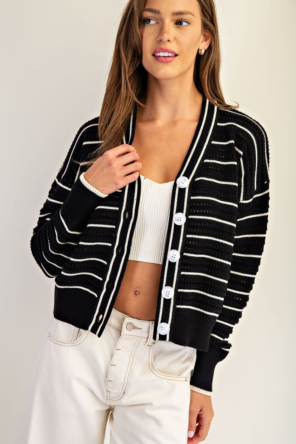 Black Textured Open Stitch Striped Knit Cardigan