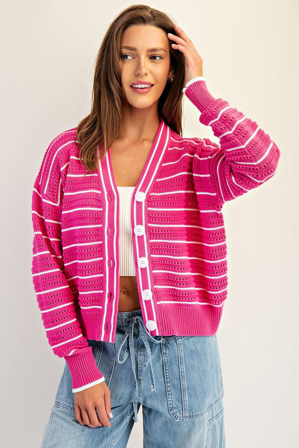 Sugar Pink Textured Open Stitch Striped Knit Cardigan