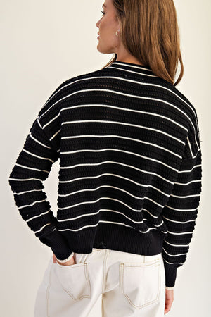 Black Textured Open Stitch Striped Knit Cardigan