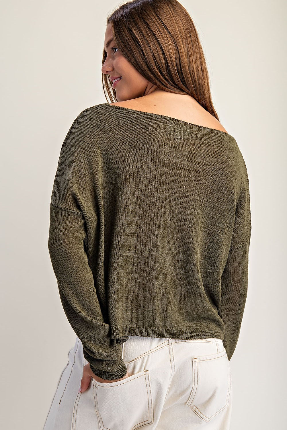 Olive Solid Boat Neck Dolman Sleeve Knit Sweater