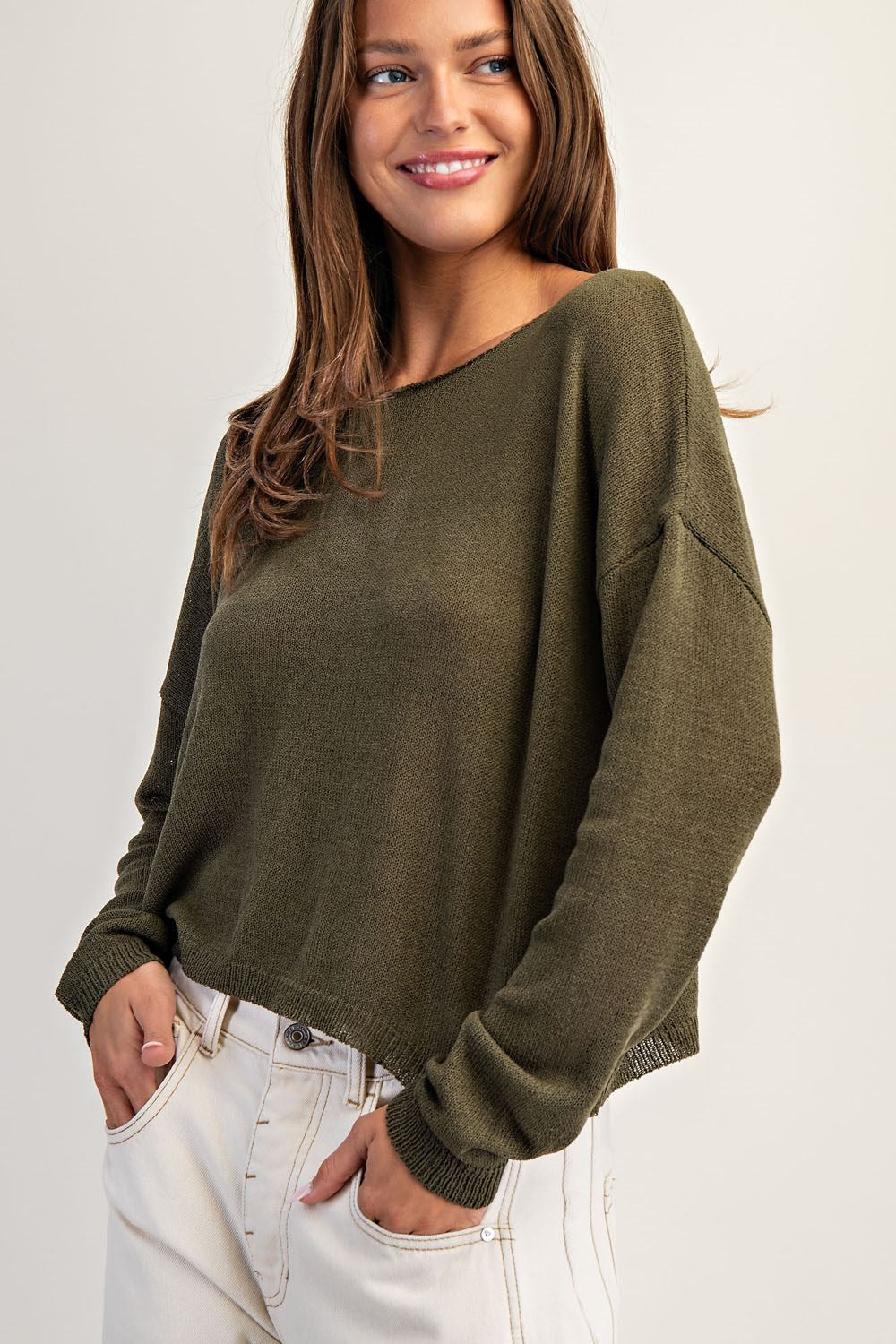 Olive Solid Boat Neck Dolman Sleeve Knit Sweater