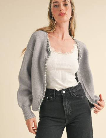 Grey Pearl Embellished Cardigan