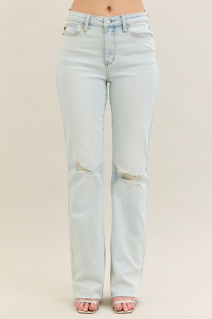 Mid Rise Destroyed Fray Hem Bootcut Jeans