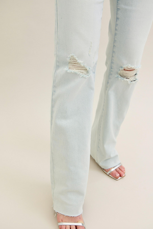 Mid Rise Destroyed Fray Hem Bootcut Jeans