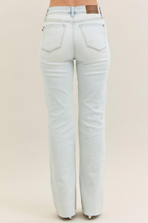 Mid Rise Destroyed Fray Hem Bootcut Jeans