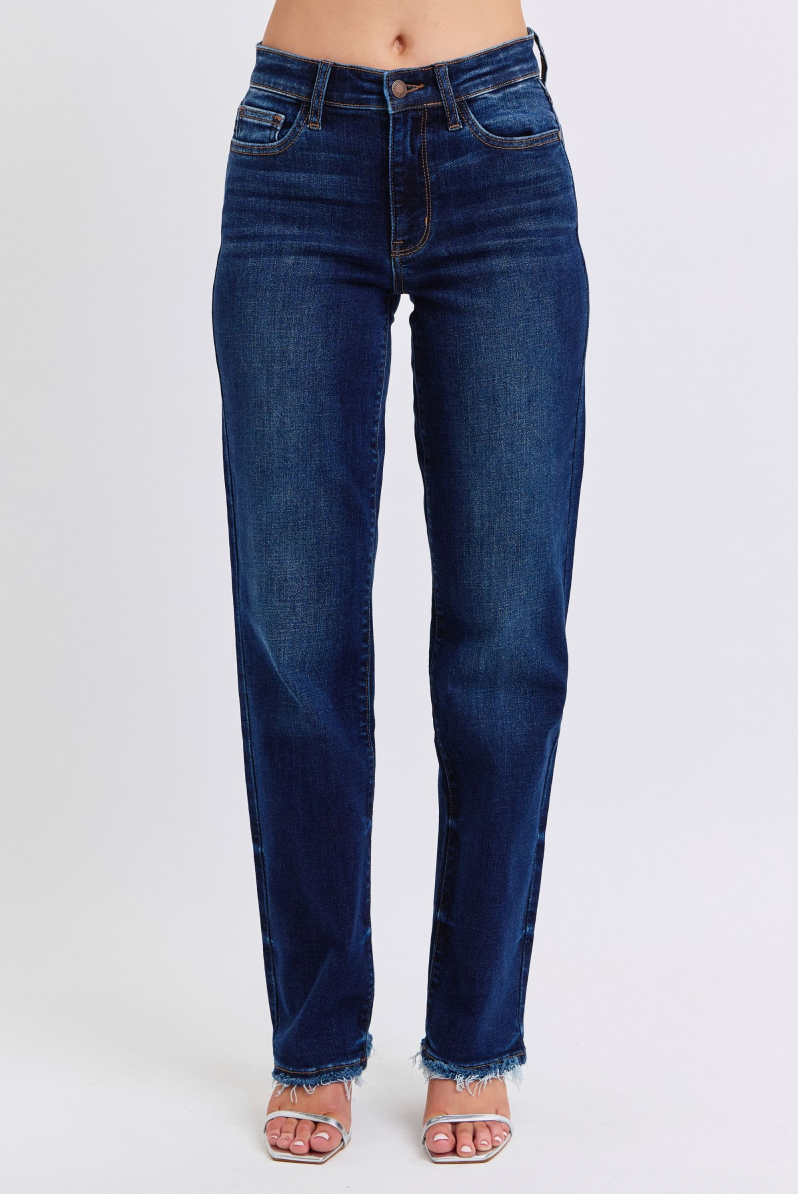 Dark Wash Fray Hem Straight Leg Jeans