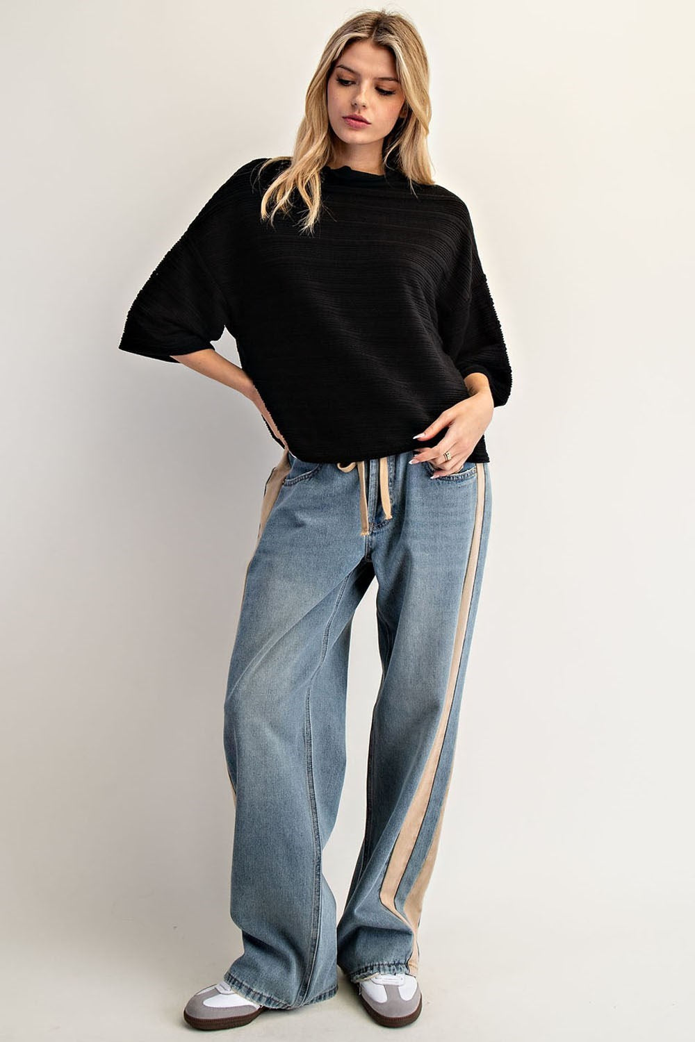 Black Textured Mock Neck Half Sleeve Top