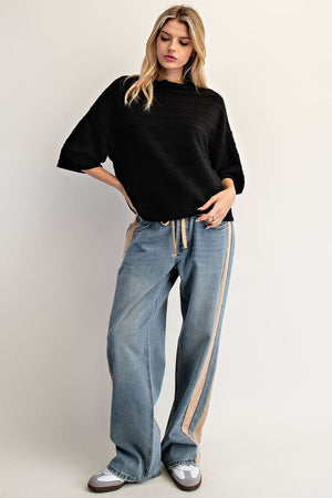 Black Textured Mock Neck Half Sleeve Top