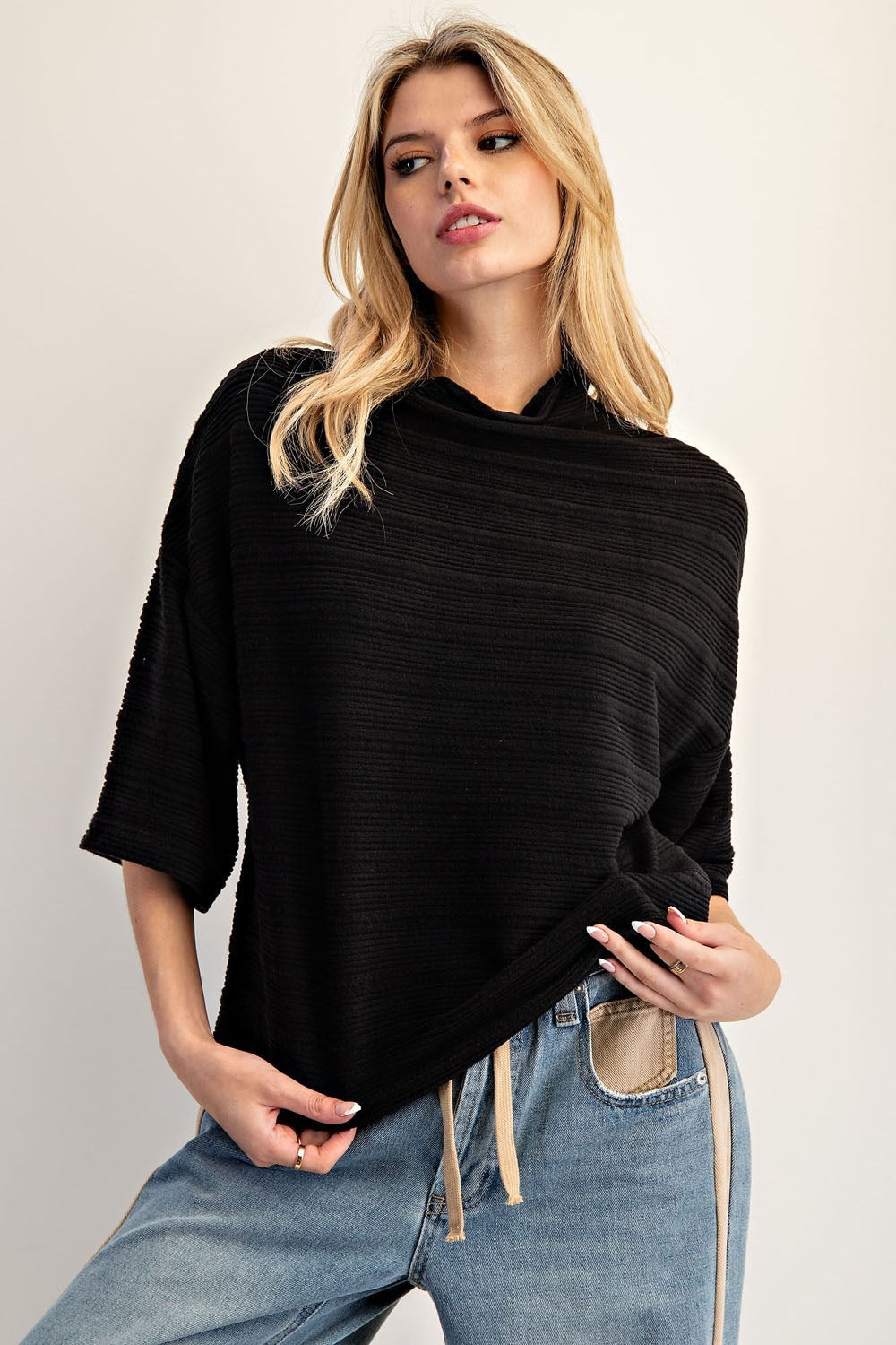 Black Textured Mock Neck Half Sleeve Top