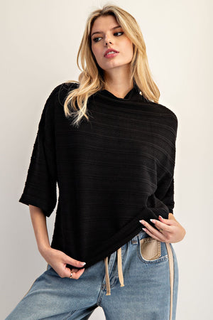 Black Textured Mock Neck Half Sleeve Top