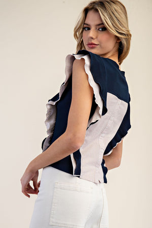 Navy Button Down Back Ruffle Edge Top