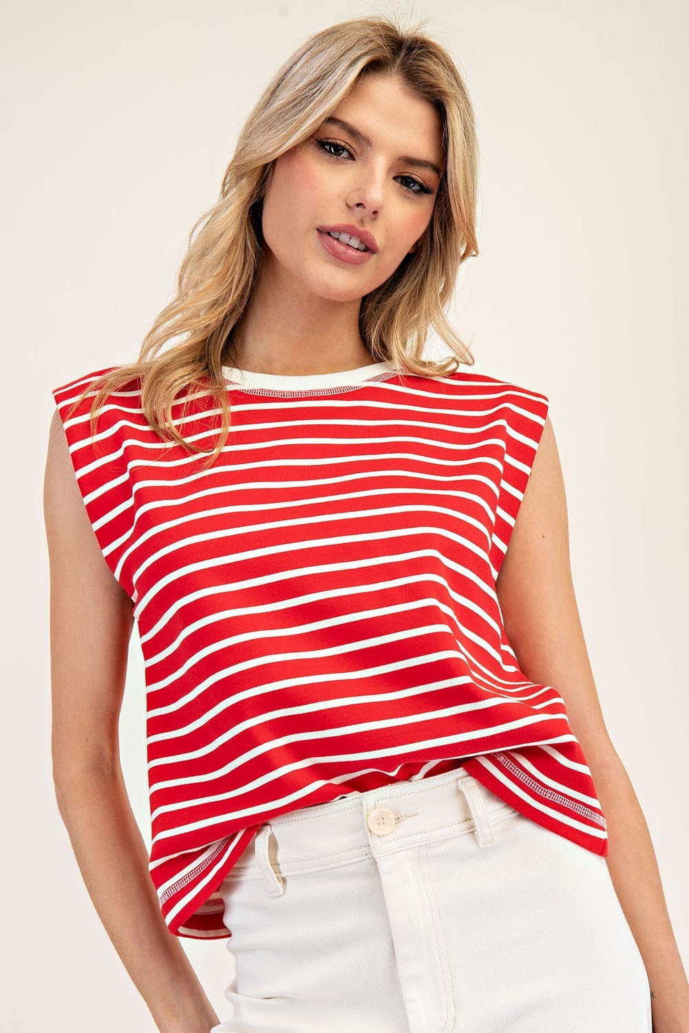 *FINAL SALE*Cherry Striped Sleeveless Round Neck Top