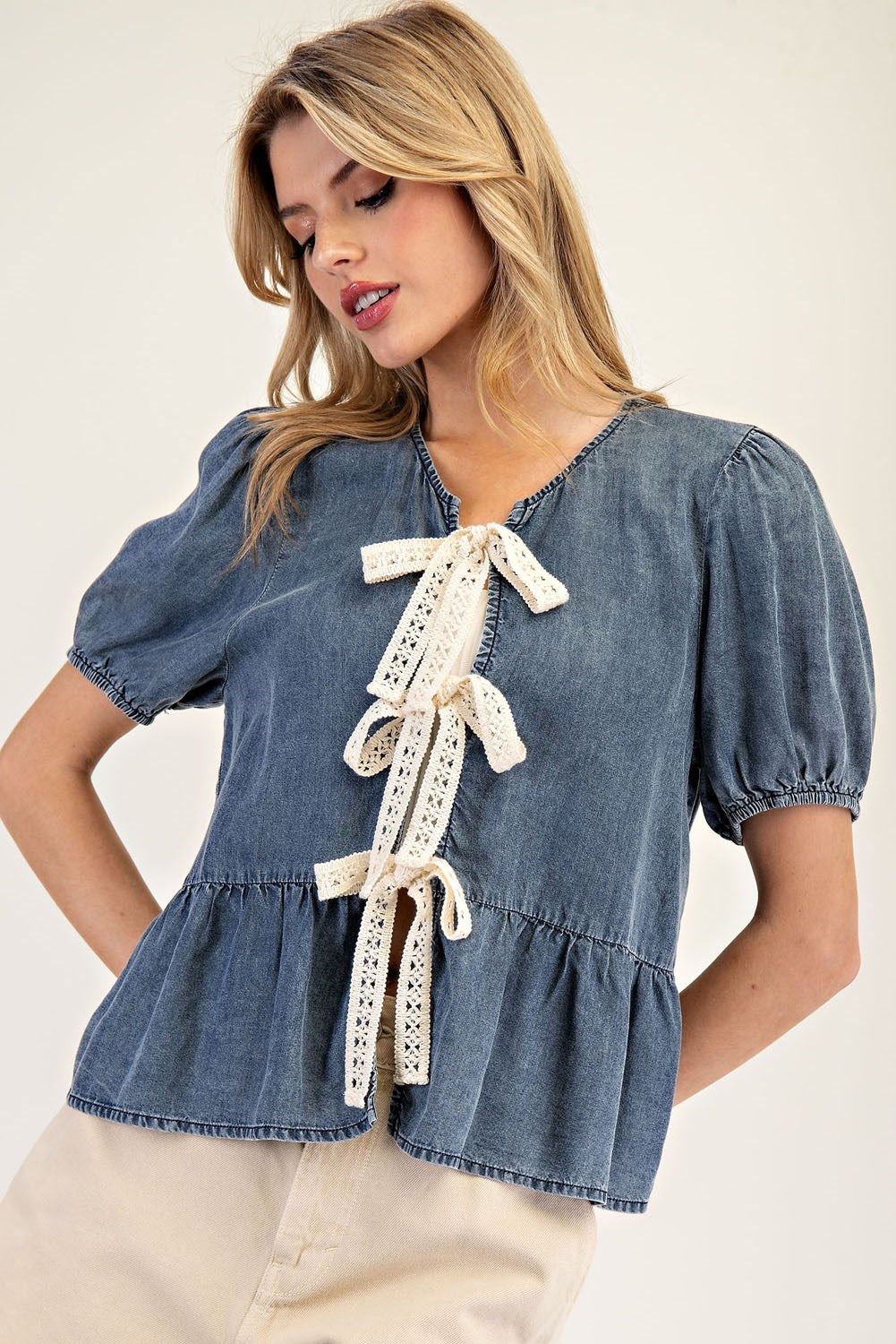 *FINAL SALE*Front Ribbon Tie Denim Top