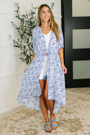 Tropical Print Gauze Kimono with Elastic Waist Tie in Periwinkle