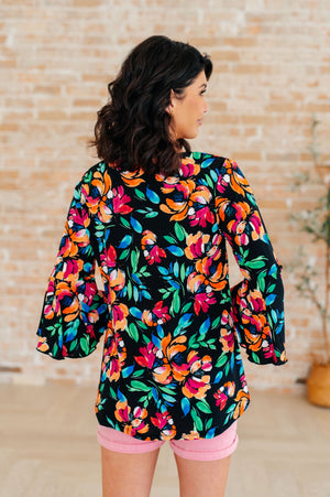Willow Bell Sleeve Top in Black and Emerald Floral