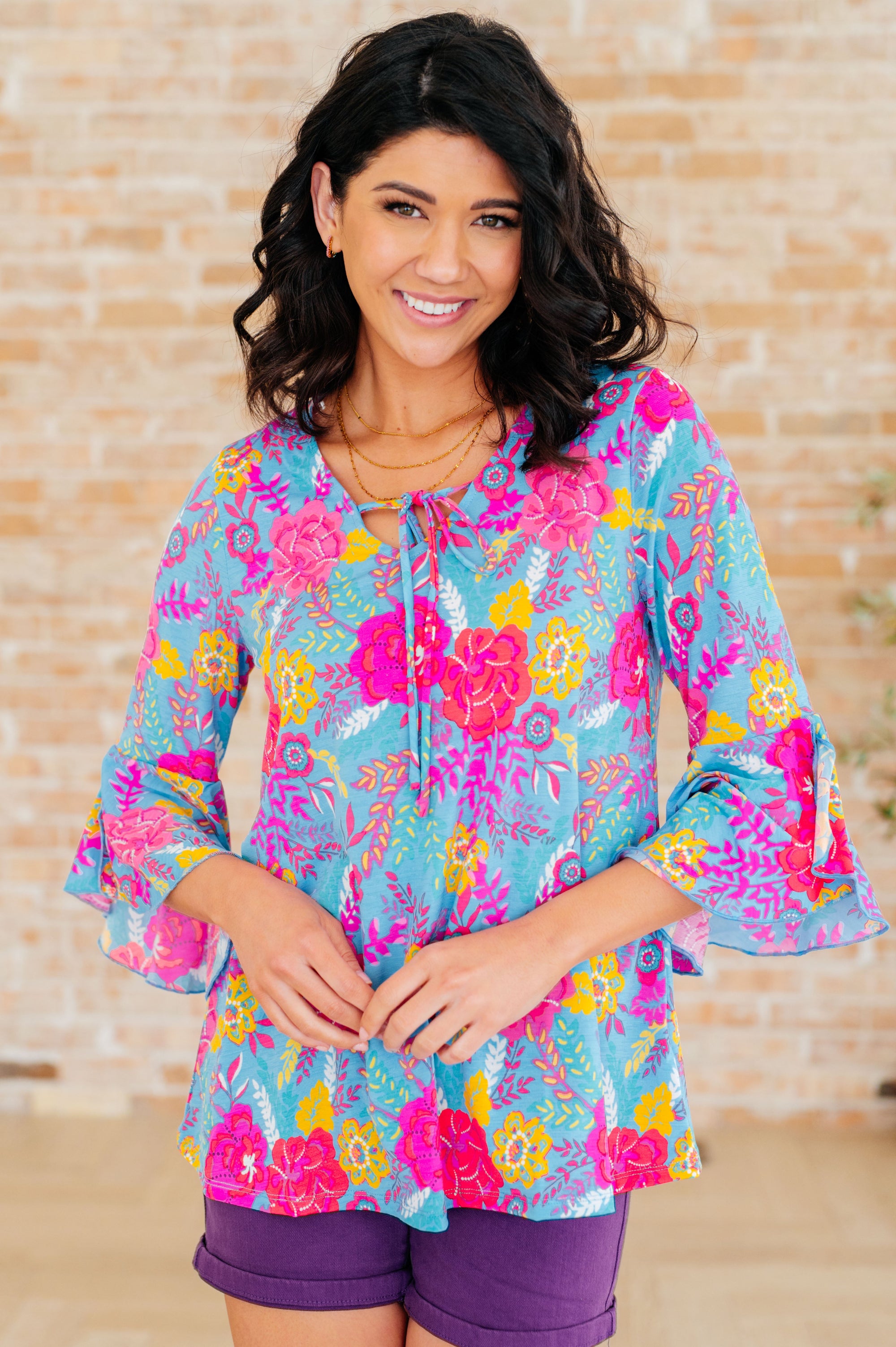 Willow Bell Sleeve Top in Bright Blue Floral