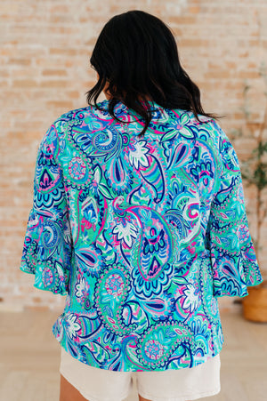 Willow Bell Sleeve Top in Emerald and Royal Paisley