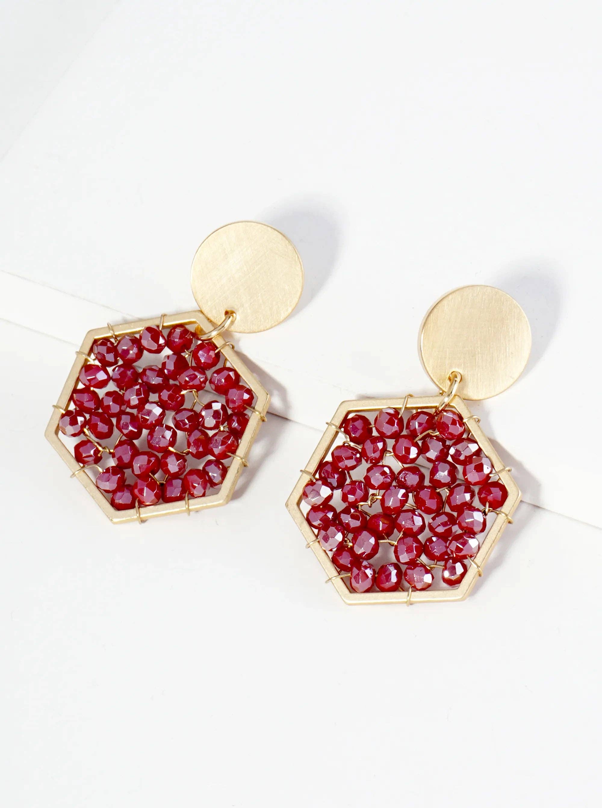 Faceted Glass Beads Hexagon Drop Dangle Earrings: Wine
