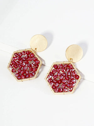 Faceted Glass Beads Hexagon Drop Dangle Earrings: Wine