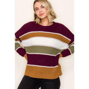Wine & Camel Striped Sweater