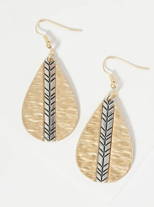 Dual-Tone Chevron Engraved Hammered Teardrop Dangle Earrings: Matte Silver-Matte Gold
