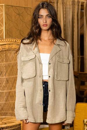 Washed OliveTextured Gauze Utility Button-down Shirt