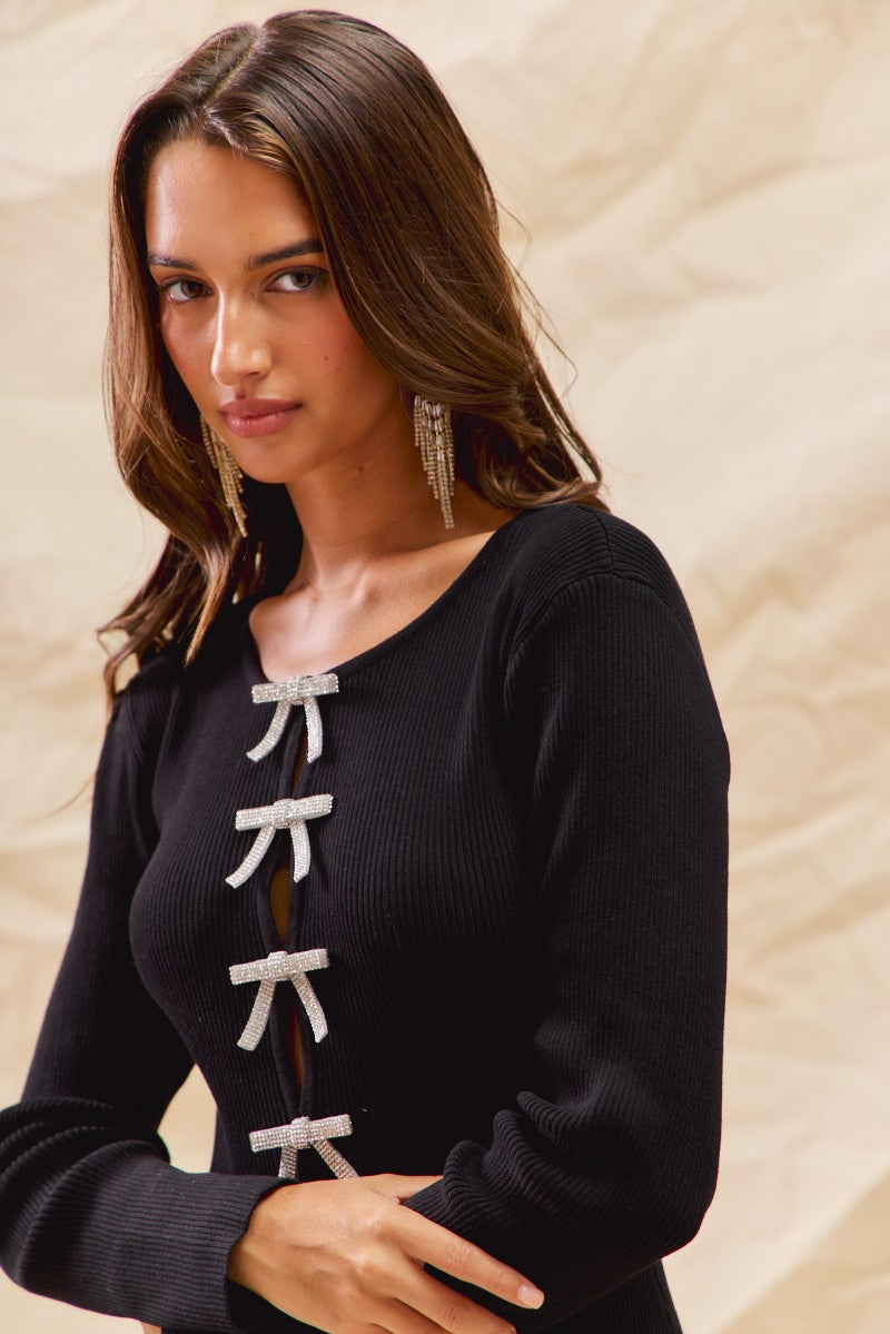 Rhinestone Ribbon Christmas Sweater Midi Dress