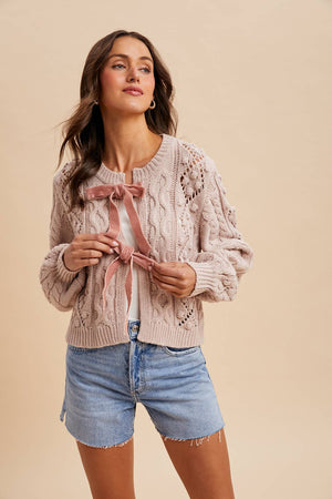 Dusty Rose Cream Cable Knit Ribbon Tie Cardigan