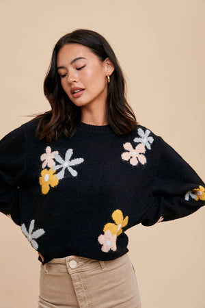Black Floral Crew Neck Sweater