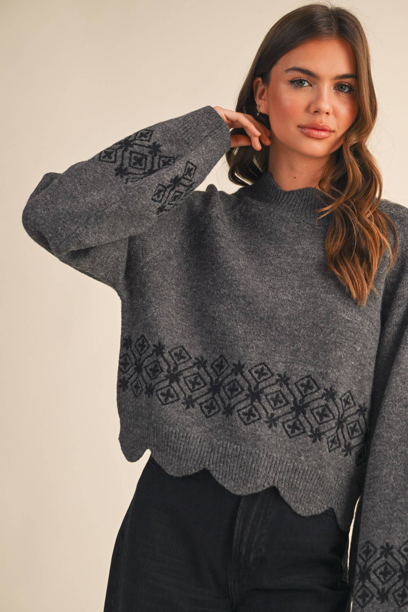 Charcoal Scallop Hem Embroidered Sweater