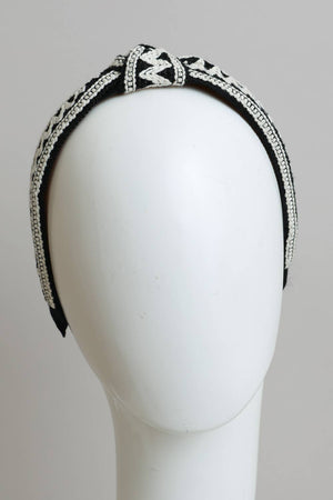 Embroidered Stitch Boho Knotted Headband: Gray
