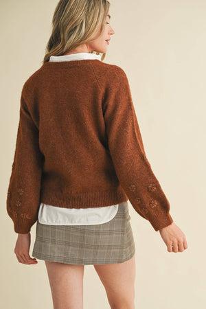 Mocha Floral Knit Puff Sleeve Sweater