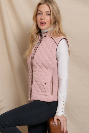 Pink Suede Piping Detail Rib Quilted Vest